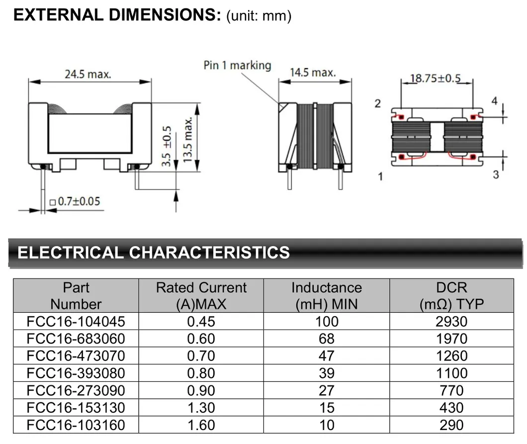 Indutor de filtro de modo comum do núcleo do quadro (série FCC1614, 0,8A, 39mH)