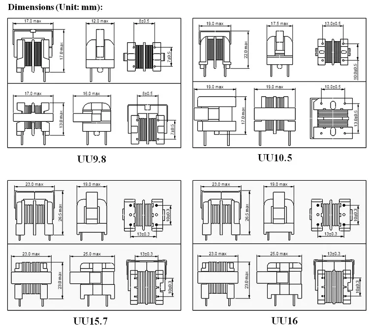 Uu9.8/Uu10.5/Uu15.7/Uu16 Indutores de estrangulamento de modo comum EMI