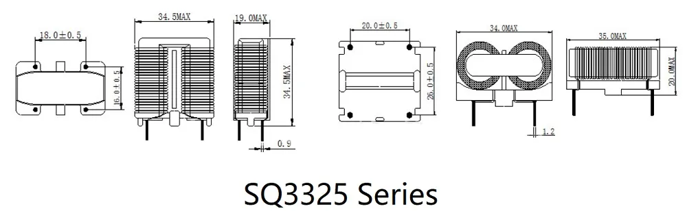 Indutores de filtros de modo comum de enrolamento de arame plano de alta corrente verticais/horizontais (série SQ/UC3325)