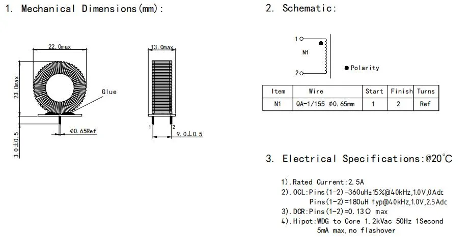 2.5A Indutor de estrangulamento de modo comum de corrente nominal de entrada para controlador de motor de PCB